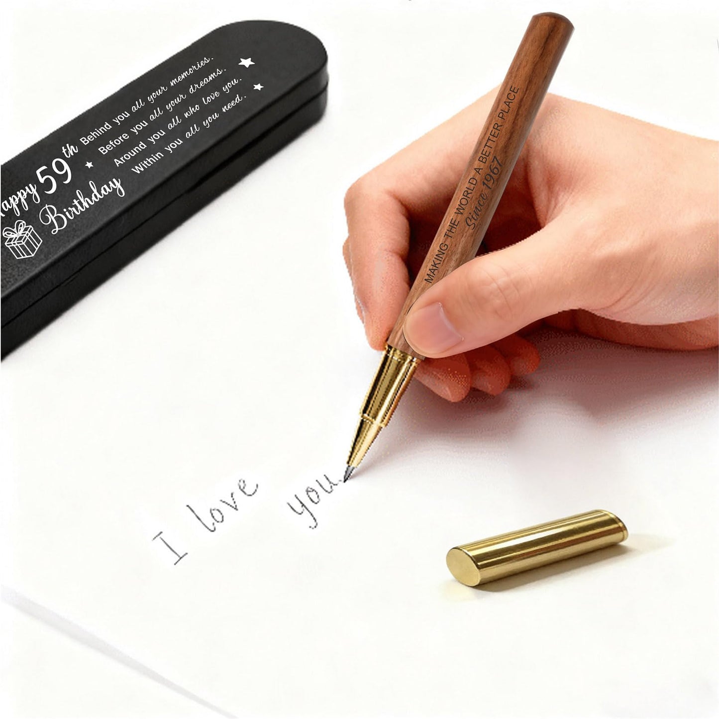 iyaone 59th Birthday Gift for 1967 Born - Engraved Wooden Gel Pen & Keepsake Box Set, Golden 59 Year Old Gift for Men & Women, Milestone Birthday Present