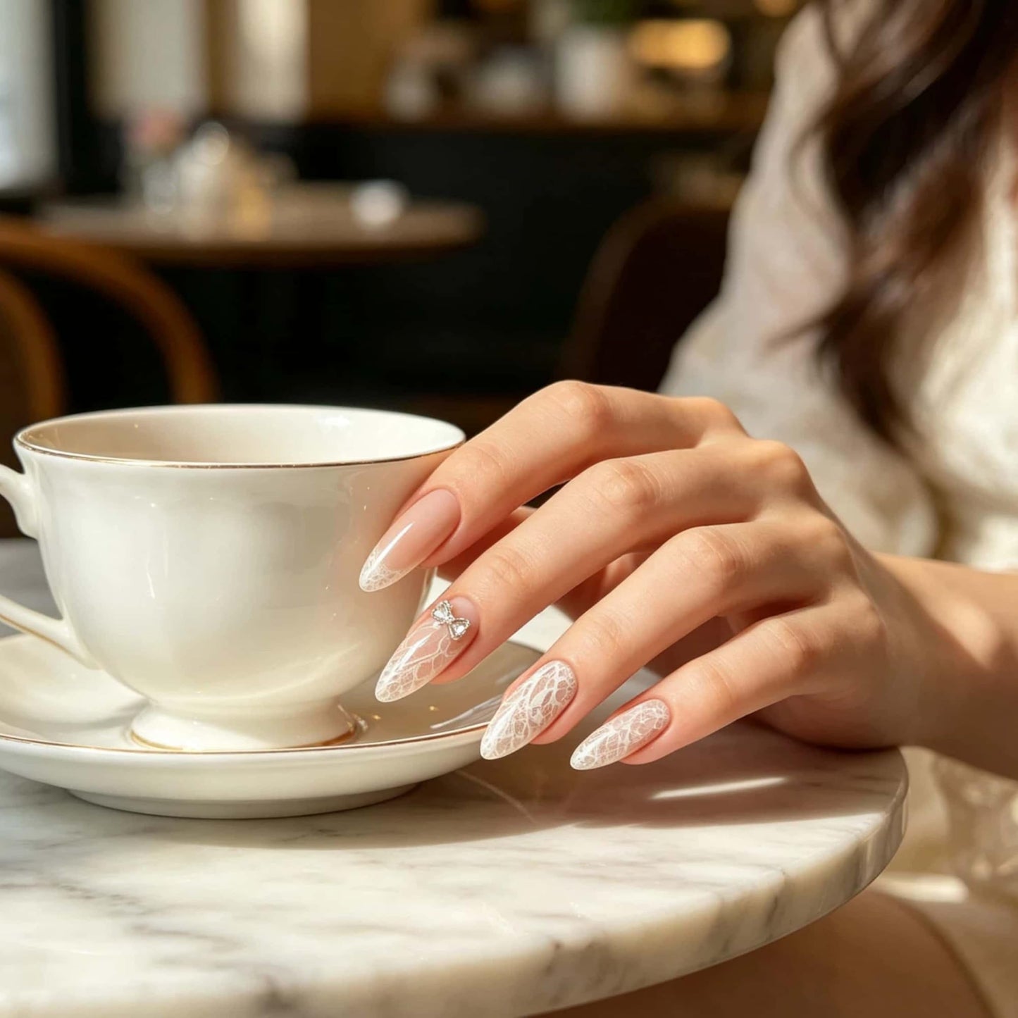 Almond Press on Nails Medium White Fake Nails Lace Print Designs with 3D Rhinestones Bowknot Glue On Nails Cute Acrylic Press on Tips Full Cover Stick on Nail Reusable Manicure for Women 24 Pcs