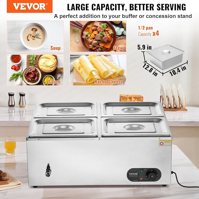 VEVOR 110V 4-Pan Commercial Food Warmer, 1200W Electric Steam Table 15cm/6inch Deep, Professional Stainless Steel Buffet Bain Marie 48 Quart for Catering and Restaurants