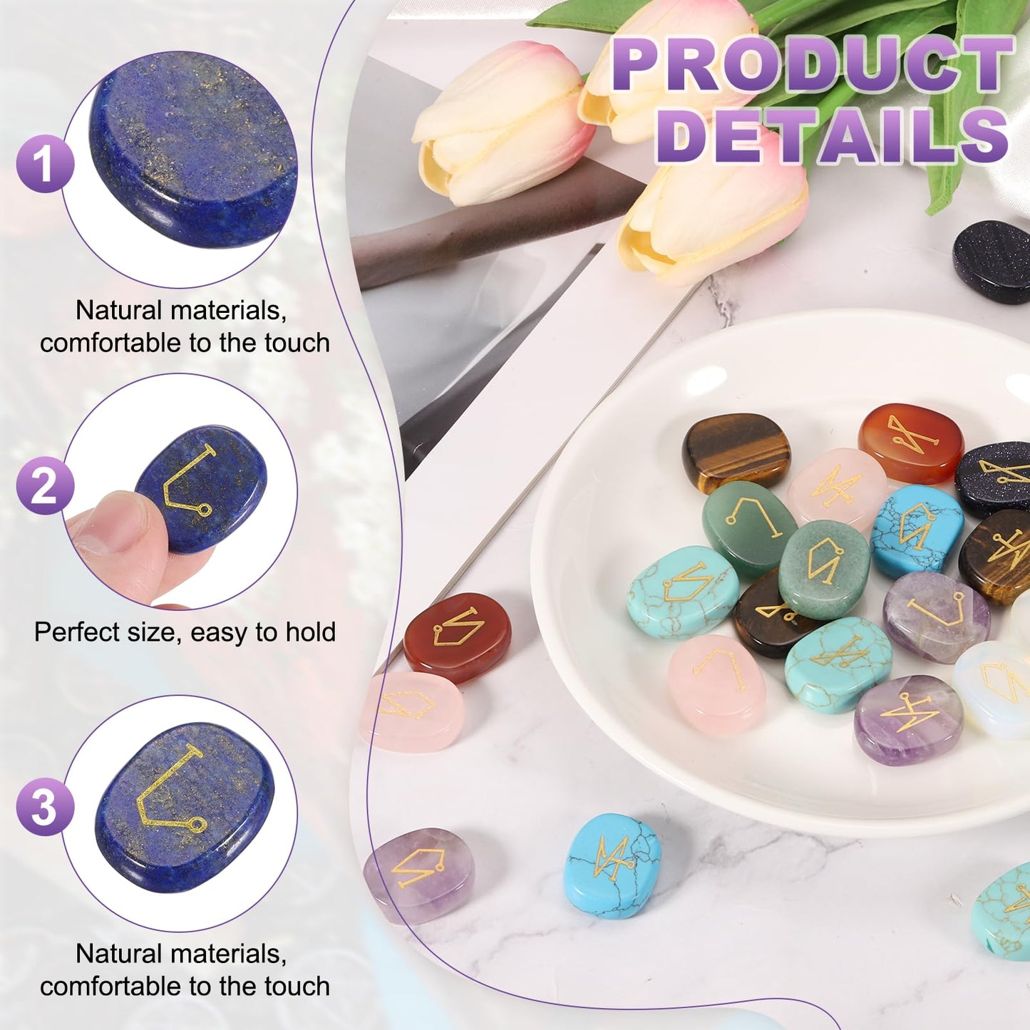 MECCANIXITY 4Pcs Engraved Chakra Stones with Reiki Symbols, Lapis Reiki Healing Crystal Gemstone 7 Chakra Crystal Stones Tumbled Palm Stone for Anxiety Relieve