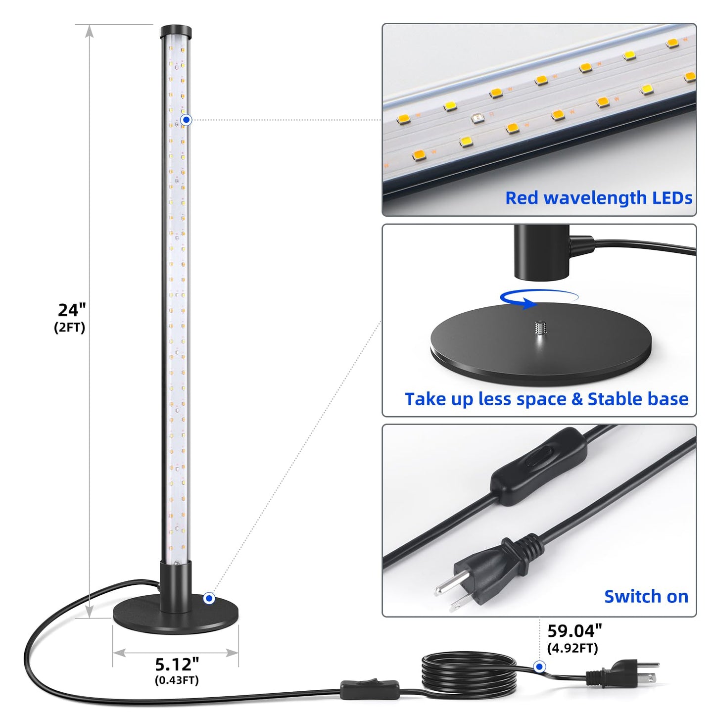 Barrina Standing Grow Light for Indoor Plants, 20W 2FT Desk LED Plant Light, Hanging and Standing, Table Top Full Spectrum Vertical Grow Lights with Stand and On/Off Switch, Ideal for Plants Growth