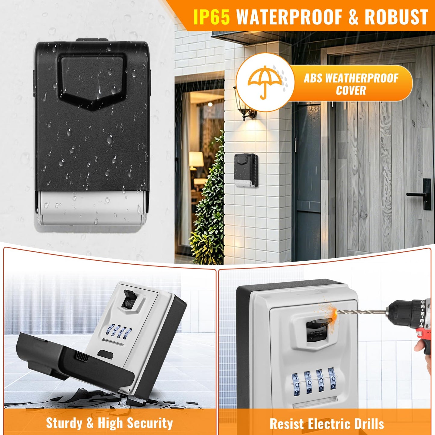 HUANLANG Key Lock Box Wall Mount - Outdoor Combination Lock Box with 6 Dials Light Up, Waterproof Key Safe Large Capacity for House Office Garage School