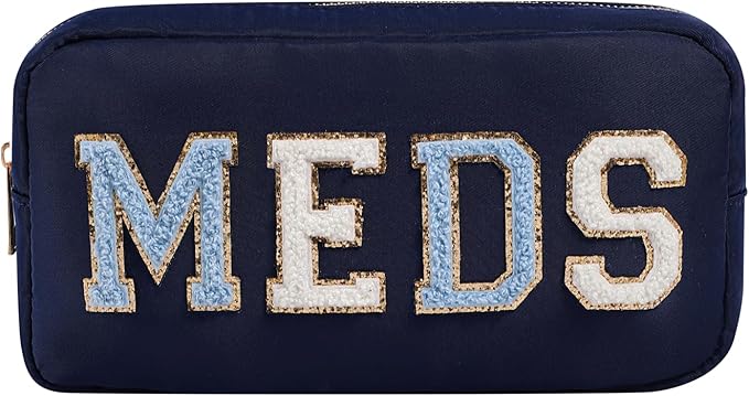 Chenille Letter Patch Nylon Medicine Packages,Cute MEDS Travel Makeup Bag with Metal Zipper, First Aid Purse Organizer Cosmetic Bag for Women and Girls(03Navy)