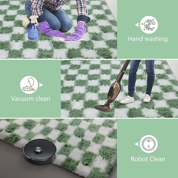 Area Rugs for Bedroom Living Room,8x10 Green and White Fluffy Soft Checkered Rug Fuzzy Shag Shaggy Carpet, Indoor Plush Floor Rugs for Kids Boys Girls Teen Dorm Nursery Home Decor