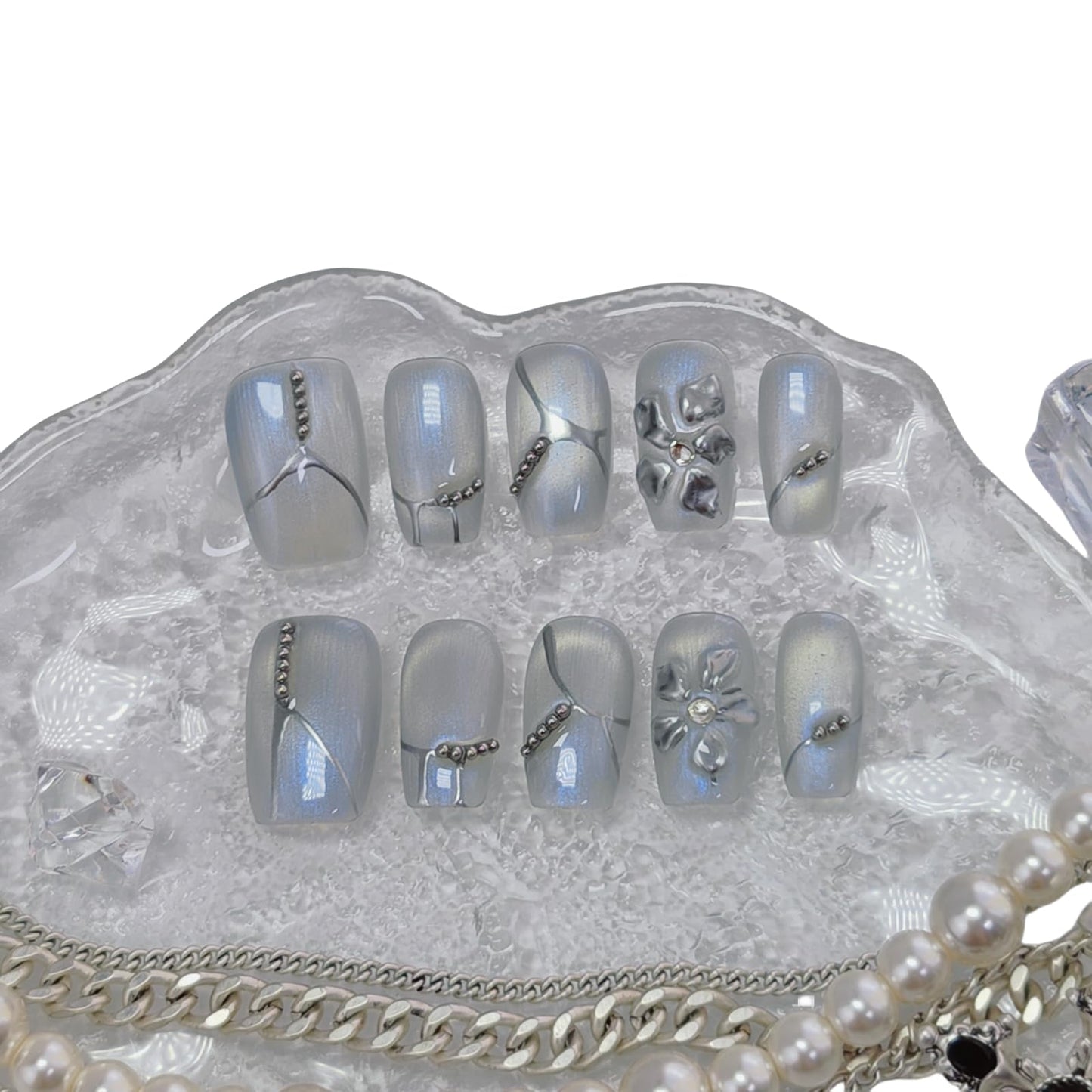 Medium Square Press on Nails Cat Eye Handmade False Nails with Designs, French Tip Short Coffin Reusable Fake Nails (Cyber Silver#Small)