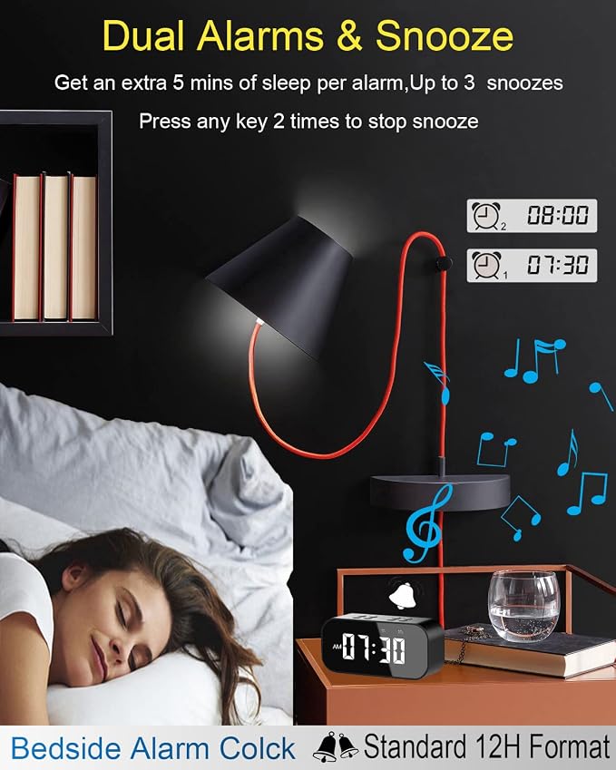 AFK Alarm Clock with Bluetooth Speaker for Bedroom/Office,Small Digital Clock for Heavy Sleepers Adults,Teens,Kids with Dual Alarms,Mirror LED Display,Hands-Free Calling.
