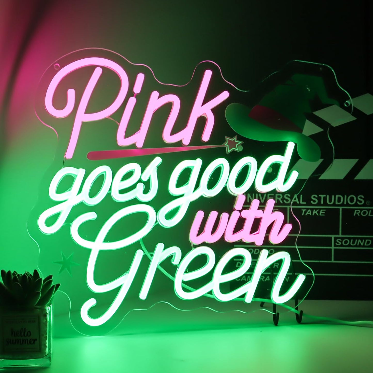 “Pink Goes Good With Greed” Witch-Themed Neon Sign - Enchanting LED Decor with Magic Hat Accent (13.9”x13.4”)