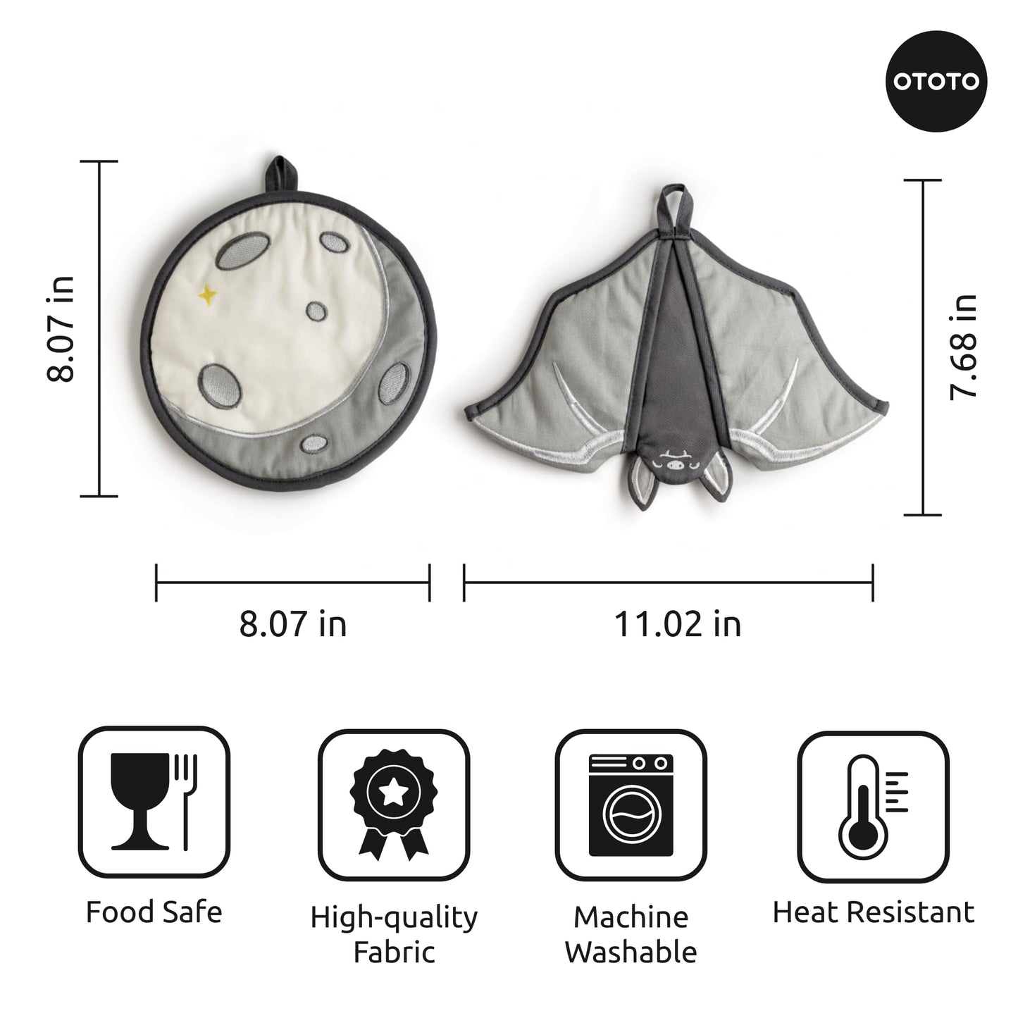 New - OTOTO Batlicious Oven Mitts and Pot Holders Sets - Heat Resistant Trivets for Hot Dishes, Cooking Goth Kitchen Decor, Cute Accessories, Pot Holders, Spooky Halloween Bat Moon Witchy Gifts