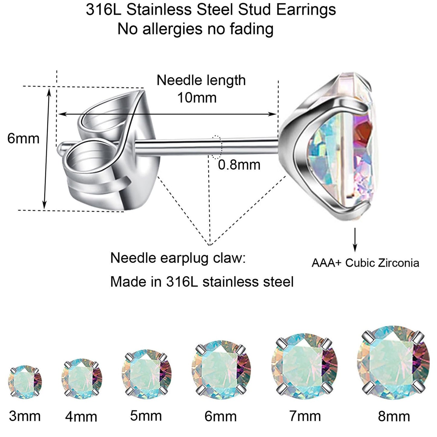 6 Pairs Stud Earrings Set, Hypoallergenic Cubic Zirconia Earrings 316L Stainless Steel CZ Earrings 3-8mm (A-Aurora Borealis CZ)