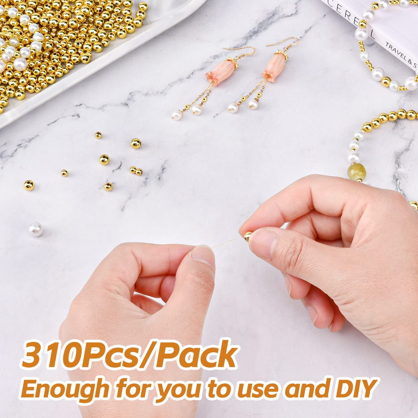 CNONE 310Pcs 18K Gold Filled Spacer Beads for Jewelry Making, Round Small Ball Gold Filled Beads for Bracelet, Necklace Bulk Supply (4mm)