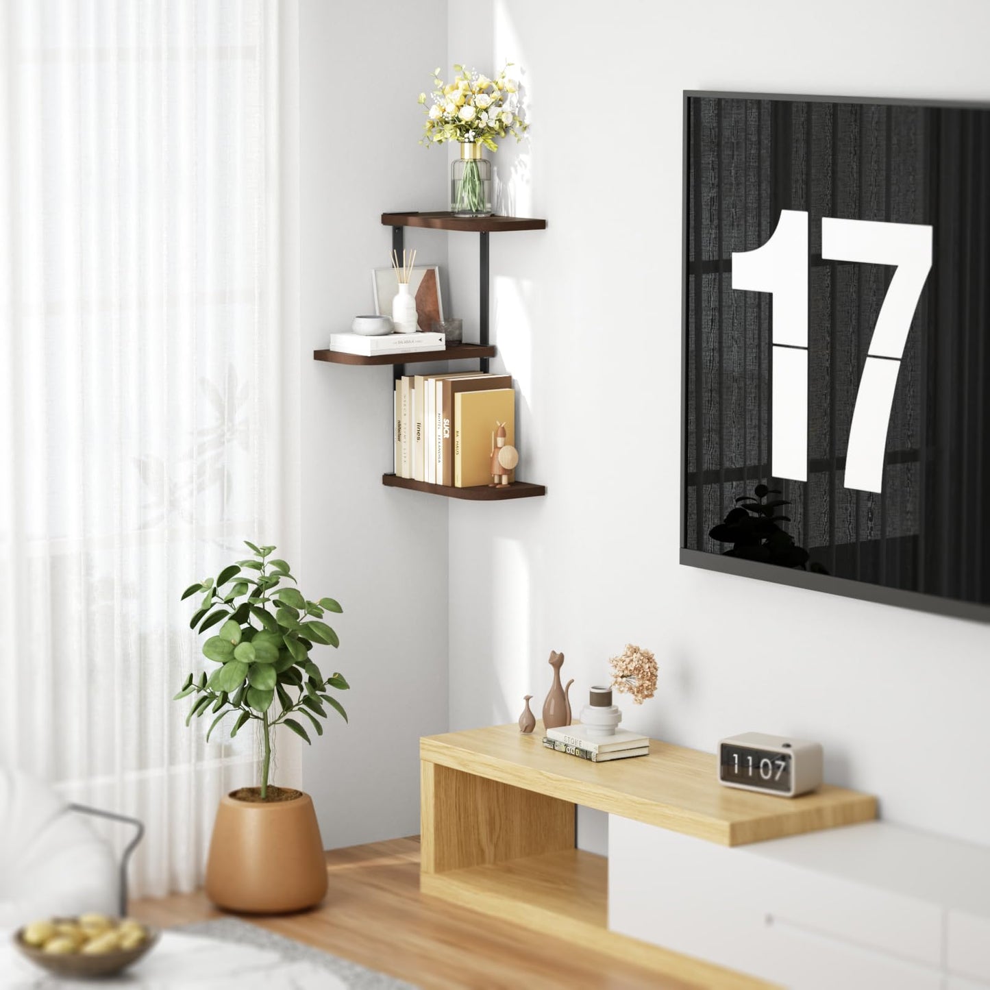 Love-KANKEI Corner Shelf Wall Mount of 3 Tier Rustic Wood Floating Shelves for Bedroom Living Room Bathroom Kitchen Office and More Dark Walnut