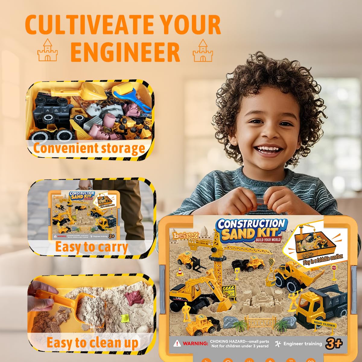 BEIREG Construction Sensory Sand Kit - 42 PCS Building Set with 2lbs Magic Sand, 9 Construction Trucks, Foldable Roof Sandbox, Cranes, Road Signs & Tools | STEM Gift for Boys Ages 3-8
