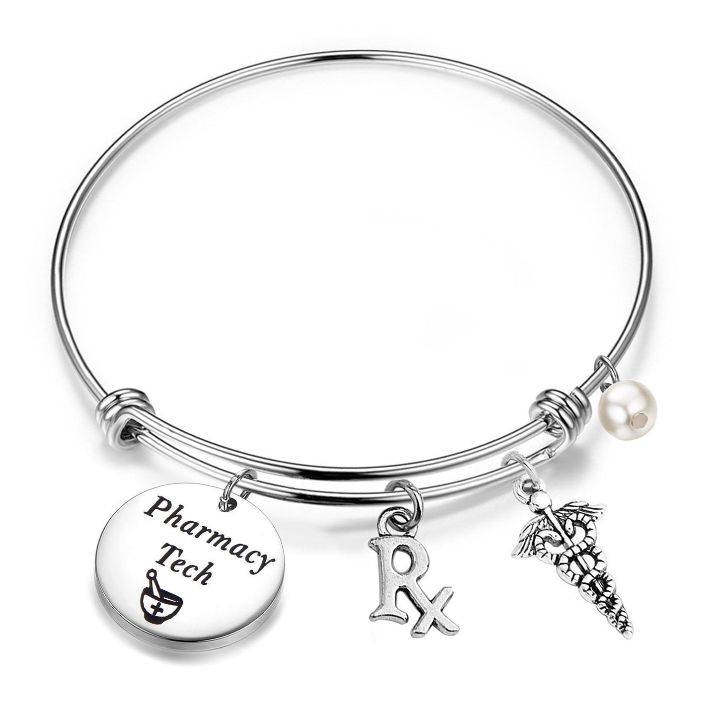 LQRI QIIER Pharmacy Tech Gift Pharmacy Technician Bracelet Expandable Wire Bangle RX Jewelry Gift for Pharmacist (Silver)