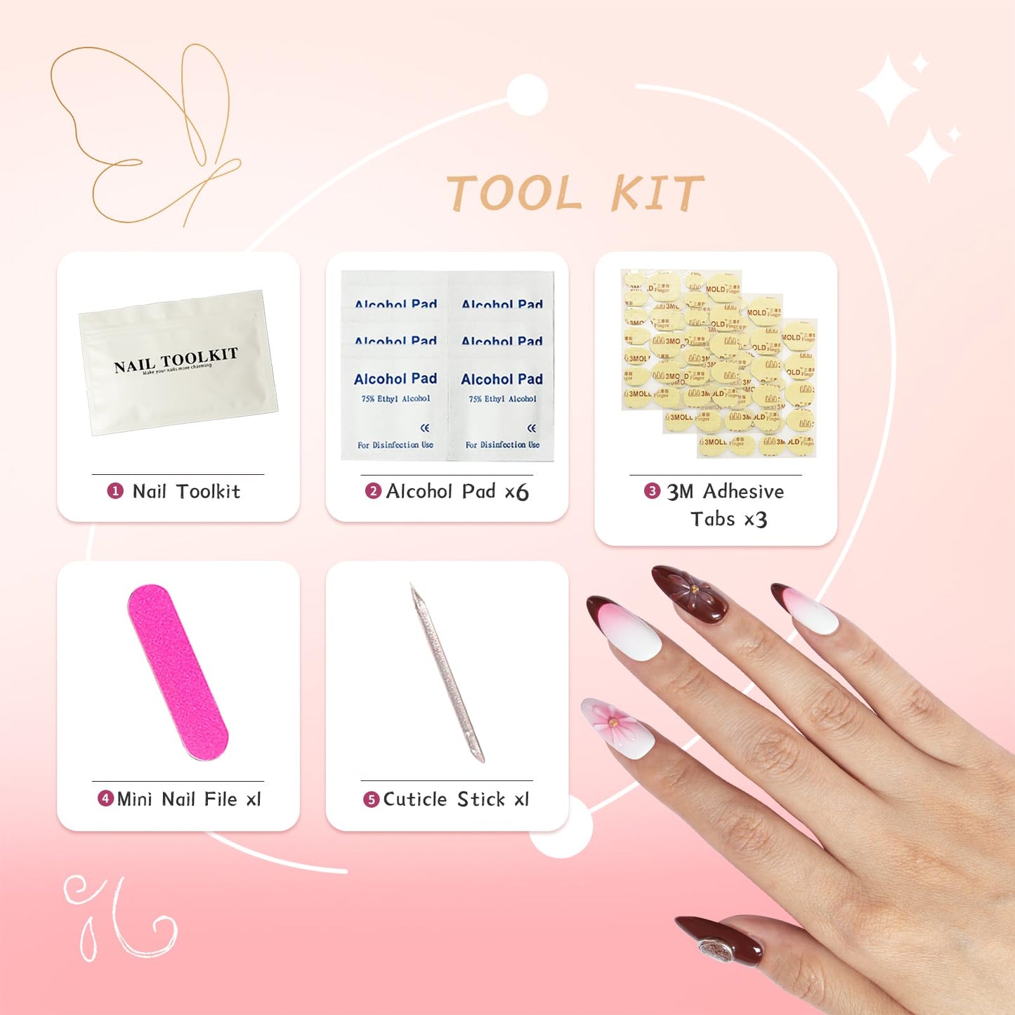 Vanpaga Handmade Press-on Nails Acrylic Almond Shape with 3D Jelly Flowers, Red French Tip & White-Pink Ombre – Short Soft Gel Nails Kit, Reusable Stick-on Nails, Ideal Gift for Women (Size S)