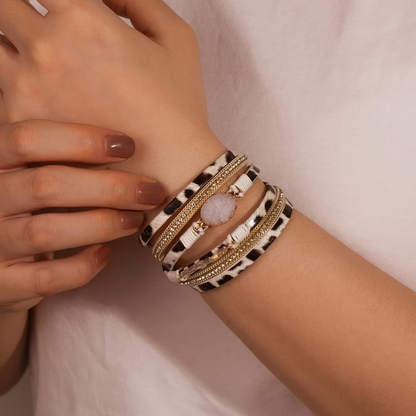 FANCY SHINY Boho Leather Wrap Bracelet Stackable Chunky Crystal Cuff Bracelets with Magnetic Clasp Cowboy Cowgirl Western Summer Beach Outfits Jewelry Gifts for Women (14.7", Zebra)