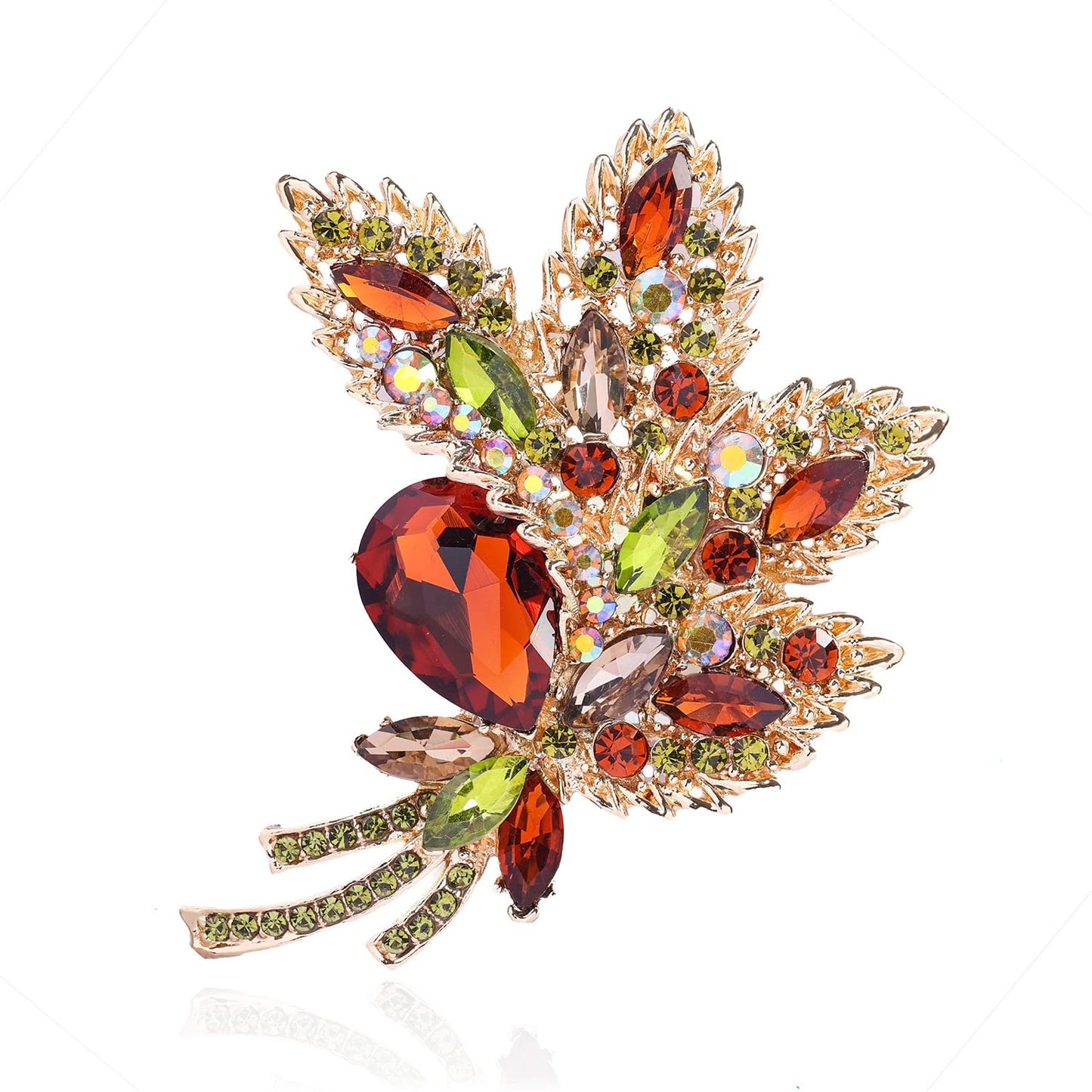 YOQUCOL Brown Austrian Crystal Leaf Shape Bouquet Big Large Brooch Pin Rhinestone Scarf Decoration Wreath Cloth Pin For Women