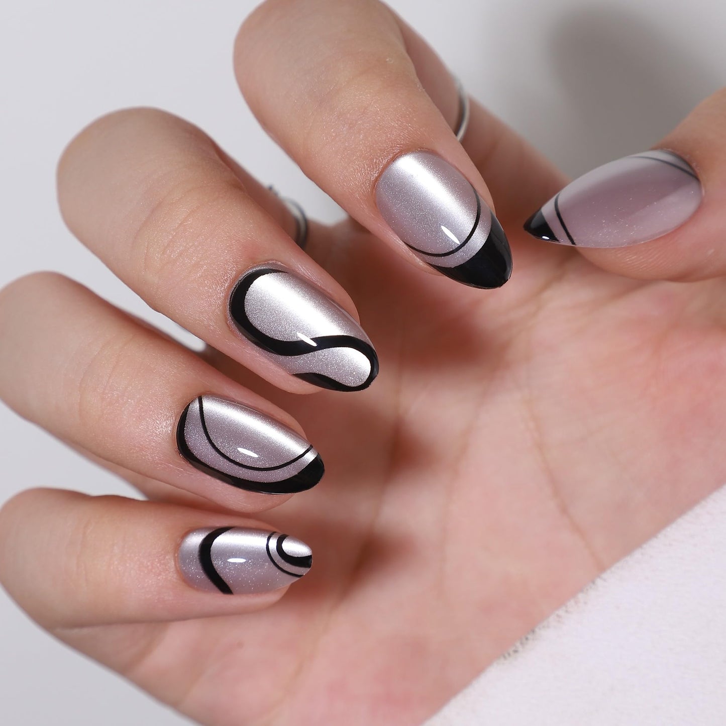 RTKHFZE Press on Nails Almond - Soft Gel Swirl French Tip Press On Nails Short with Nails Glue,Cat's Eye Nails Tips,Fit Perfectly,Reusable Stick on Nails in 16 Sizes - 32Pcs Gel False Nails Kit