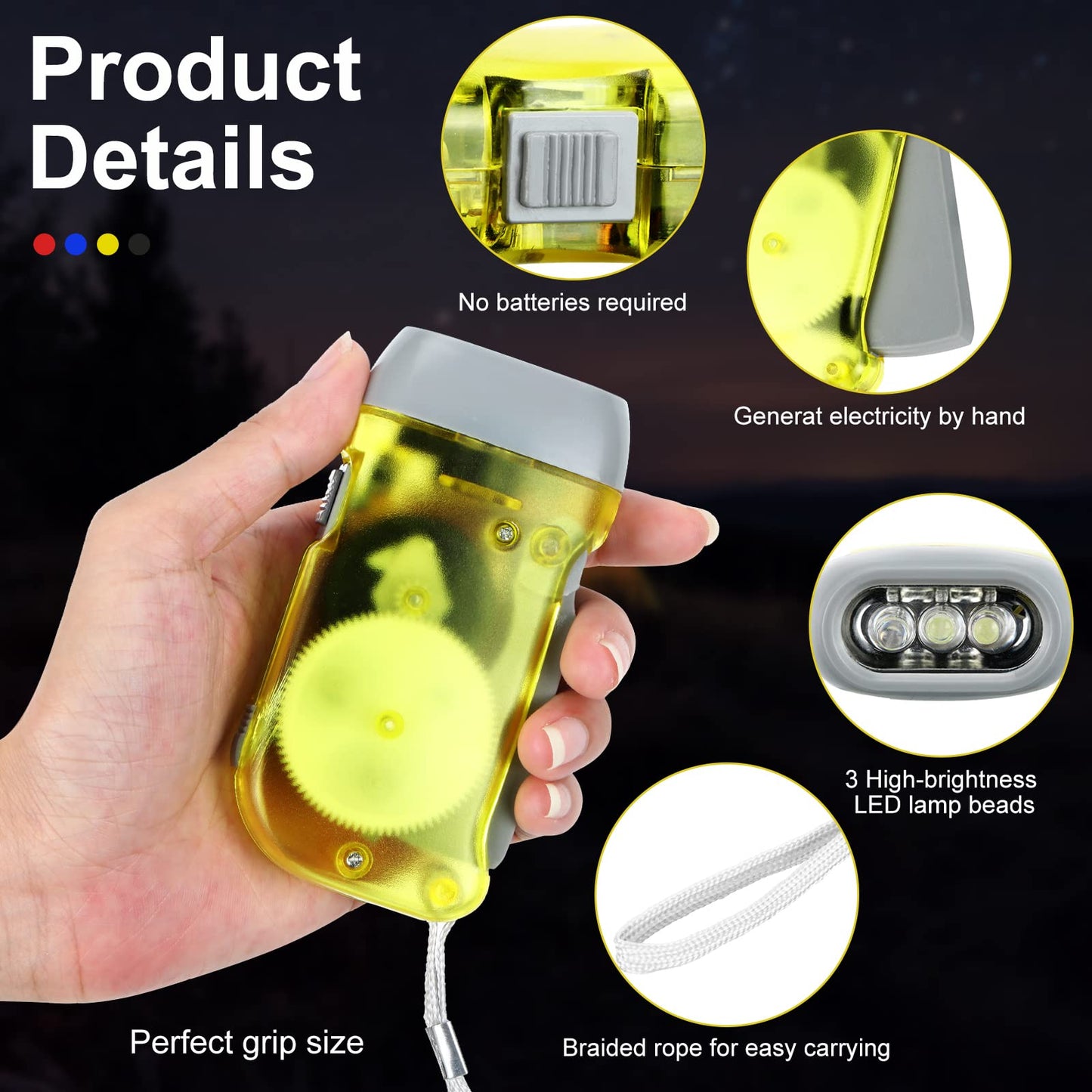 Leelosp 48 Pcs Hand Crank Flashlight No Battery Required Cranked Flashlight Manual Press Flash Light Squeeze Light for Camping Hiking Power Outage Gift (Red Blue Yellow Gray)