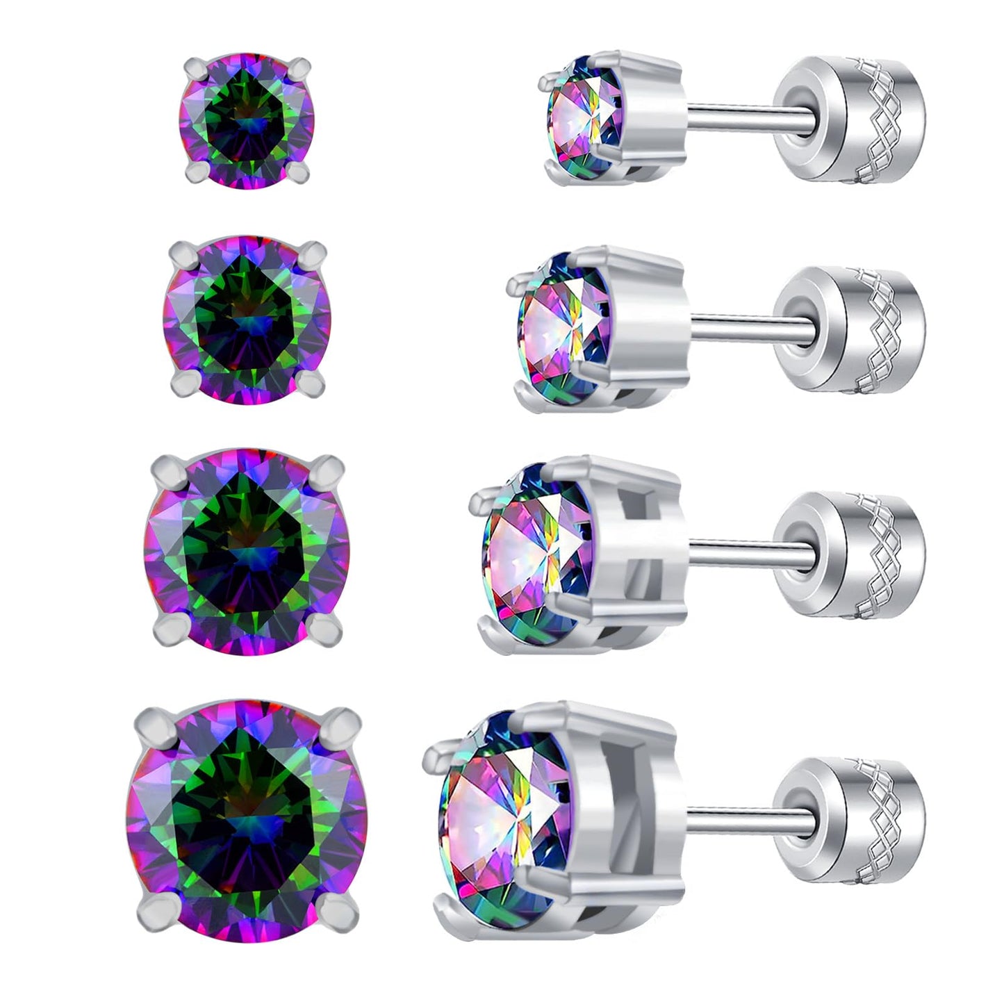 4 Pairs Titanium Hypoallergenic Stud Earrings, Black 5A Cubic Zirconia Screw Back Studs for Women Men Surgical Stainless Steel Double Side Earrings