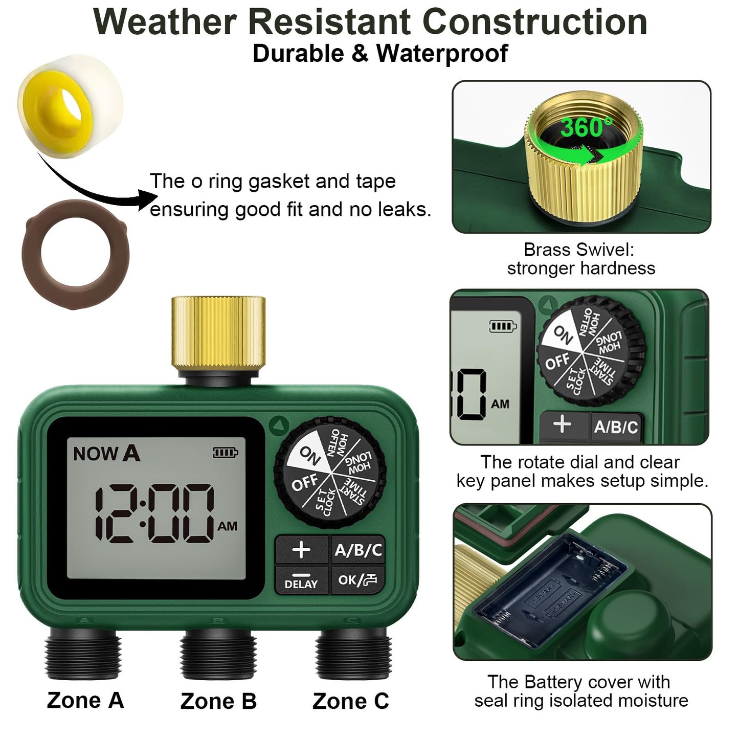XinFuture Water Timer for Outdoor Garden Hose, Sprinkler Timer for Garden Faucet with Auto/Manual/Rain Delay Mode, Sprinkler Irrigation Controller for Yard Lawn (3 Zones Brass Inlet)