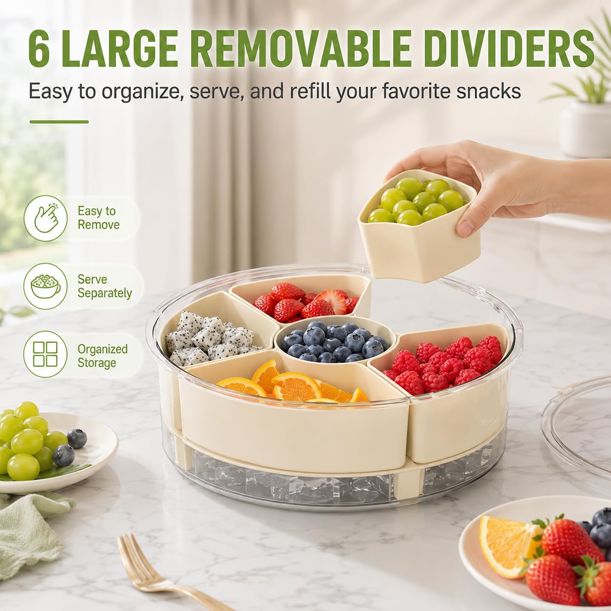 UFORU Divided Serving Tray with Lid, Handle and Chill Base, Portable 6 Compartment Snackle Box Container, Rounded Veggie and Fruit Organizer for Charcuterie, Snacks, Travel, Picnic, Kitchen, Party