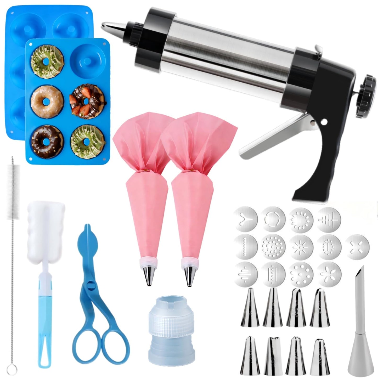 45PCS Cookie Press Gun Kit:Bake Churros,Cookies&Donuts with Stainless Steel Cookie Shooter,Decorating Baking Tools with Cookie Disc,Cleaning Brushes,Piping Bag for Baker,Mothers Day Gift for Baker