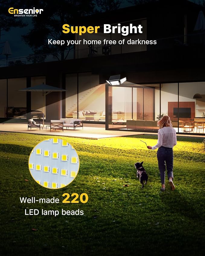 Ensenior Solar Lights Outdoor Motion Sensor, 2600LM 220 LED High Brightness, 3 Head 270° Wide Angle Flood Lights, Remote Control Security Lights 4 Modes, IP65 Waterproof Wireless Wall Light, 3 Pack