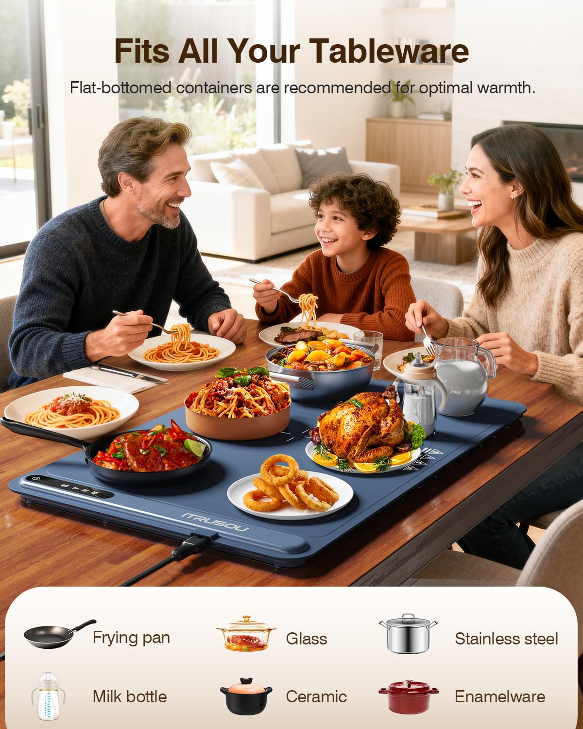 Warming Mat for Food (24"x16") - iTRUSOU 3-Year Classic Electric Warming Tray with 3-Level Temp Control, Rapid Heating 250W Energy-Saving - Rollable Large Food Warming Mat for Parties & Buffet