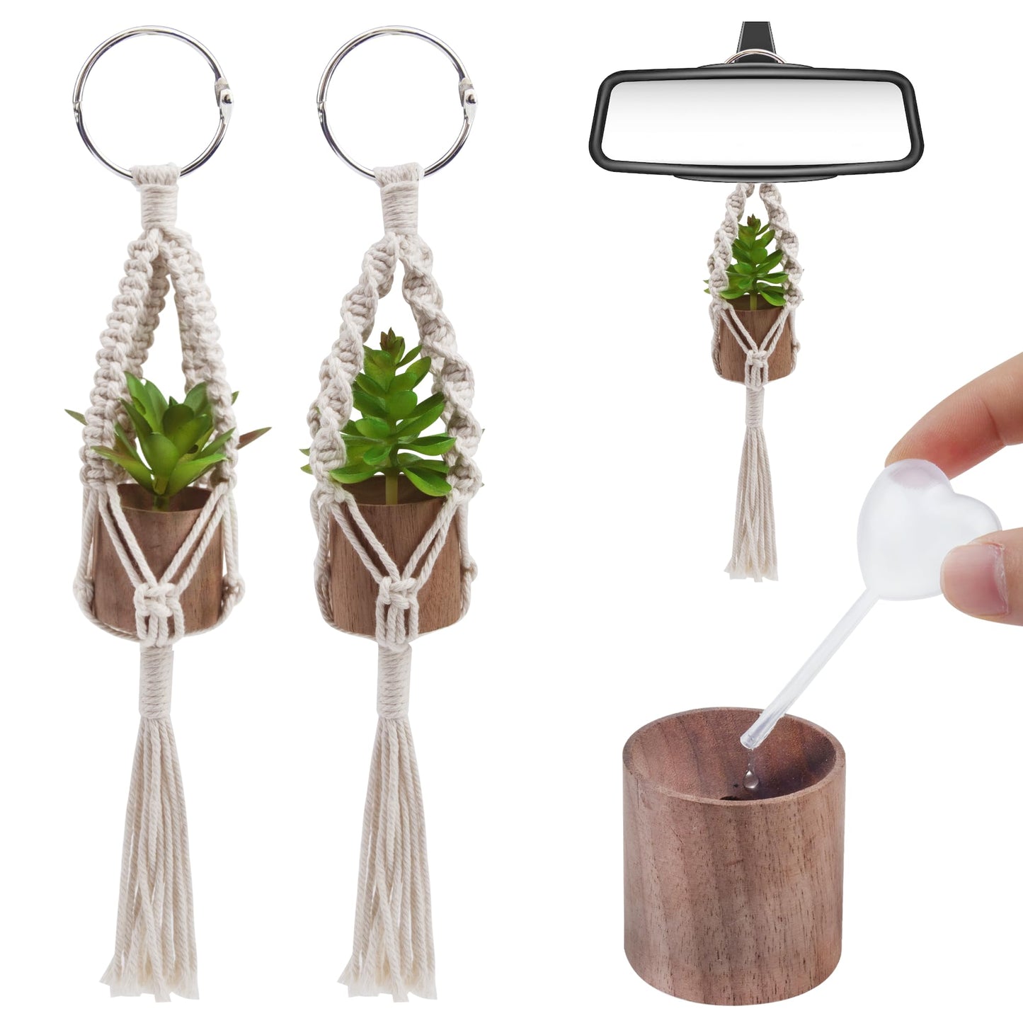 GAGILAND 2 Pack Car Mirror Hanging Accessories Mini Macrame Crochet Plant Car Air Freshener with Wooden Essential Oil Diffusers Reusable Cute Boho Plant for Rear View Mirror Home Office Decor