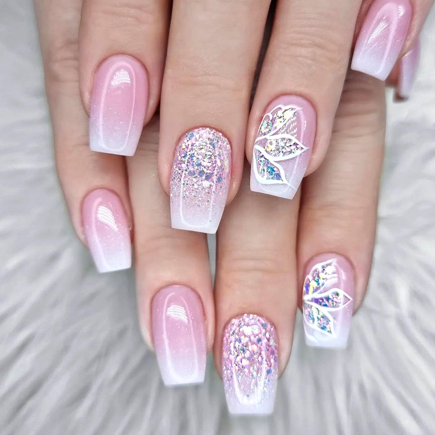 Short Press Coffin False Nails with Silver Glitter Gradient Designs - Light Pink Full Cover Acrylic Nails - Glossy Leaf Design Stick On Nails for Women - 24 Pcs