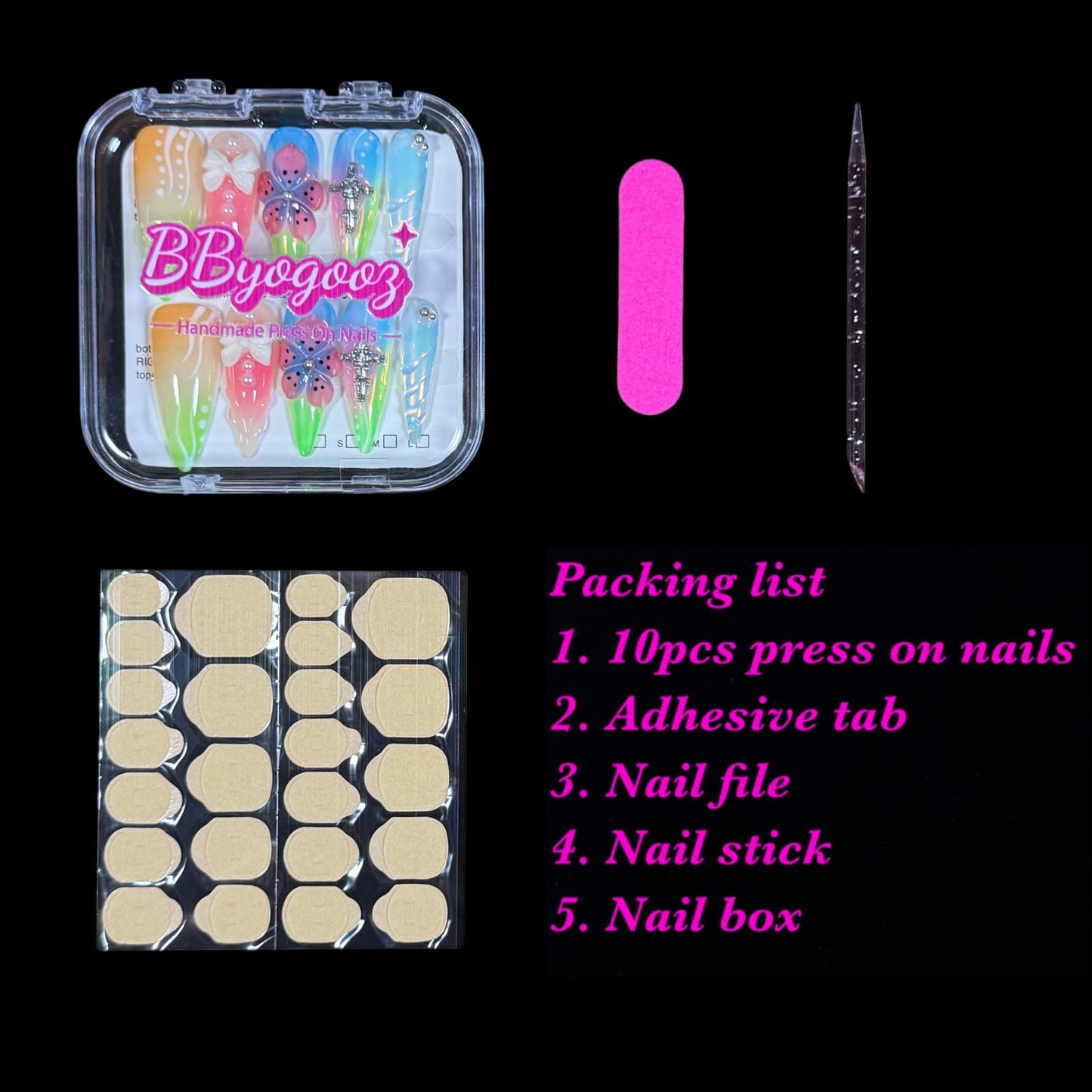 Handmade Press On Nails, 3D Flower Bow Cross Design, Long Stiletto Shape, Pastel Gradient Acrylic Fake Nails Gift set for Women Rainbow (S)