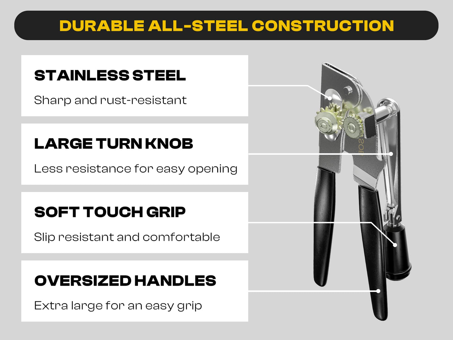 Heavy Duty Can Opener with Magnet – Commercial Can Opener Manual for Seniors, Hand Held, Sharp Blade, Smooth Edge – Folding Knob for Easy Storage, Built in Bottle Opener