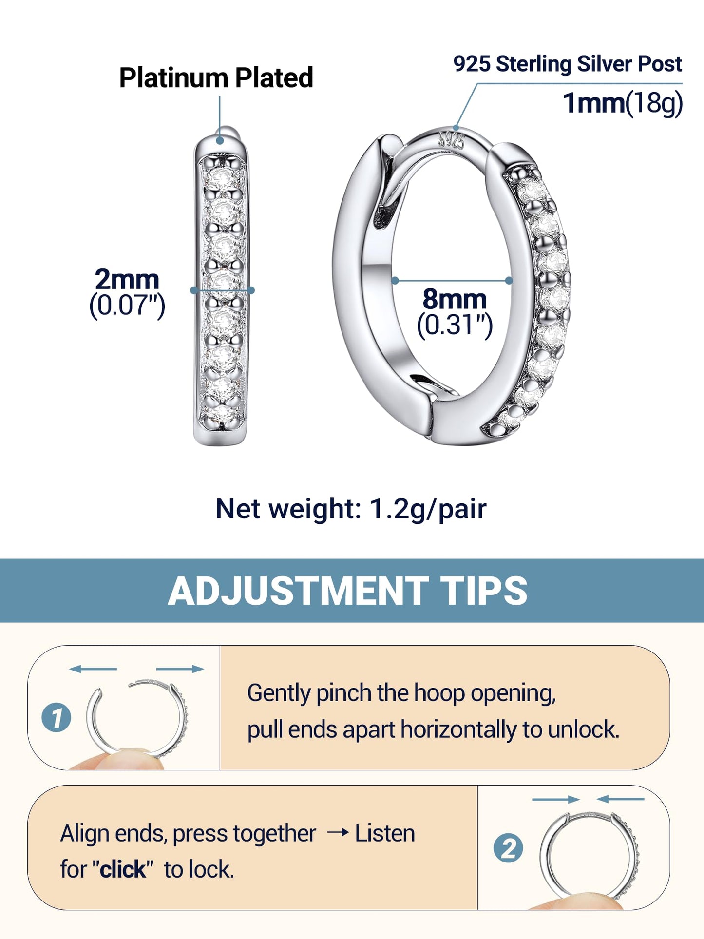 Silver Hoop Earrings For Women Cubic Zirconia Hoops Earring Hypoallergenic 8mm Tiny Huggie Jewelry Non Tarnish Cartilage Piercing Waterproof Ear Earings