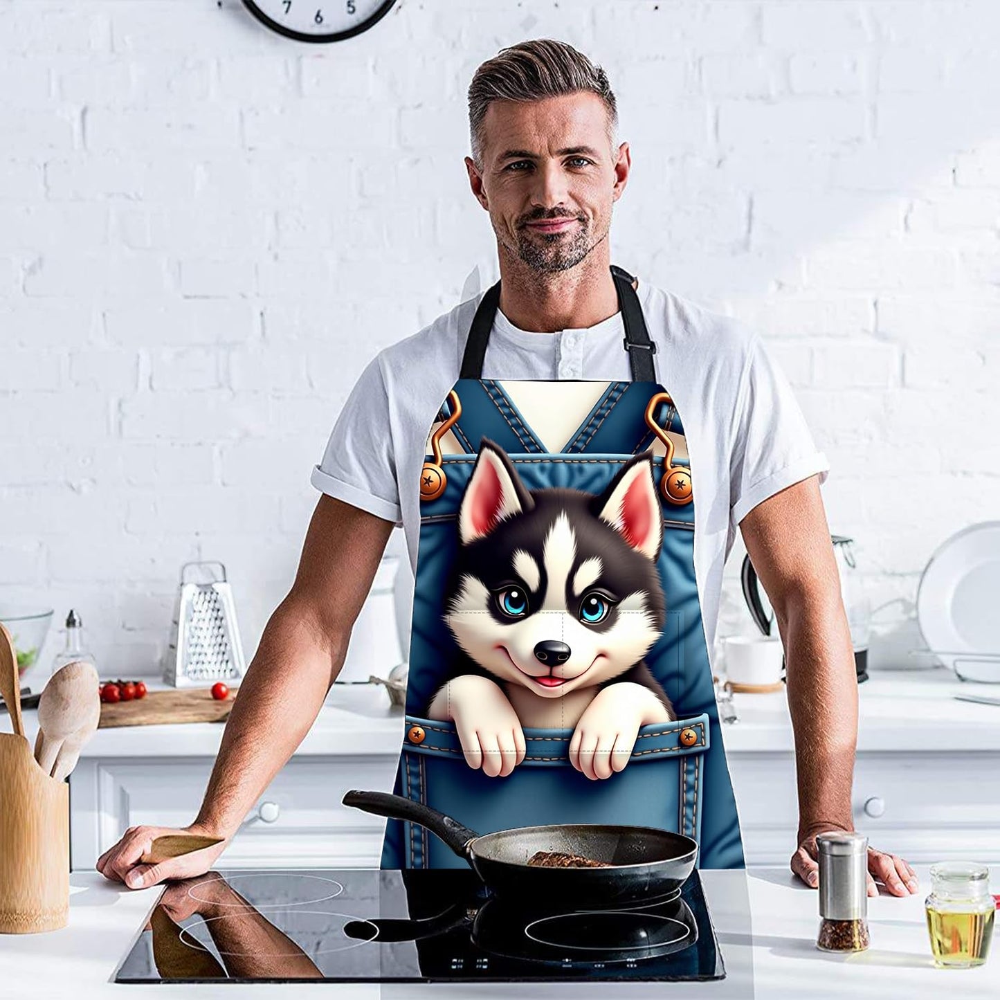 THISFIND Cute Husky Dog in Pocket Apron – Waterproof Adjustable Bib Apron with Funny Cartoon Puppy Print – Durable Kitchen Apron for Cooking Gardening and Crafts