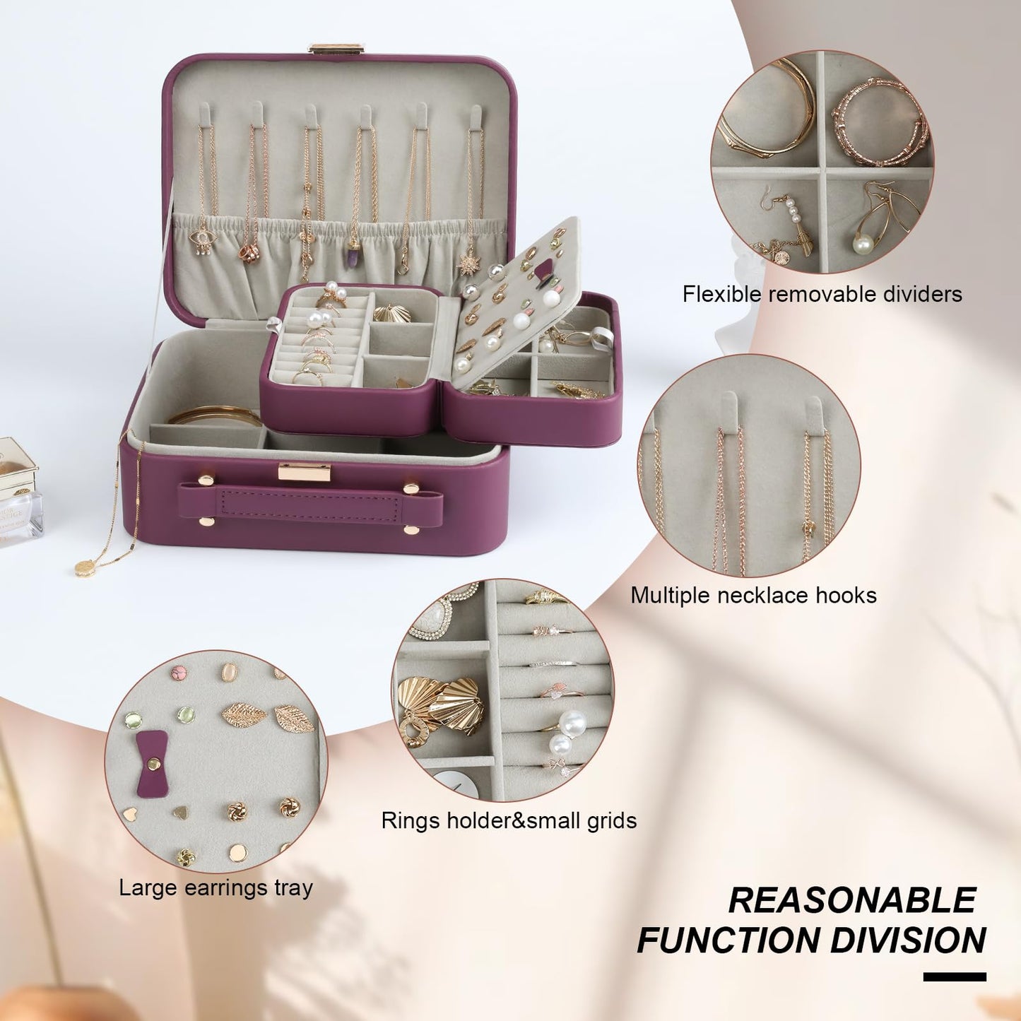 V-LAFUY Large Jewelry Case Organizer - Travel Jewelry Box and Portable Case, Burgundy Red