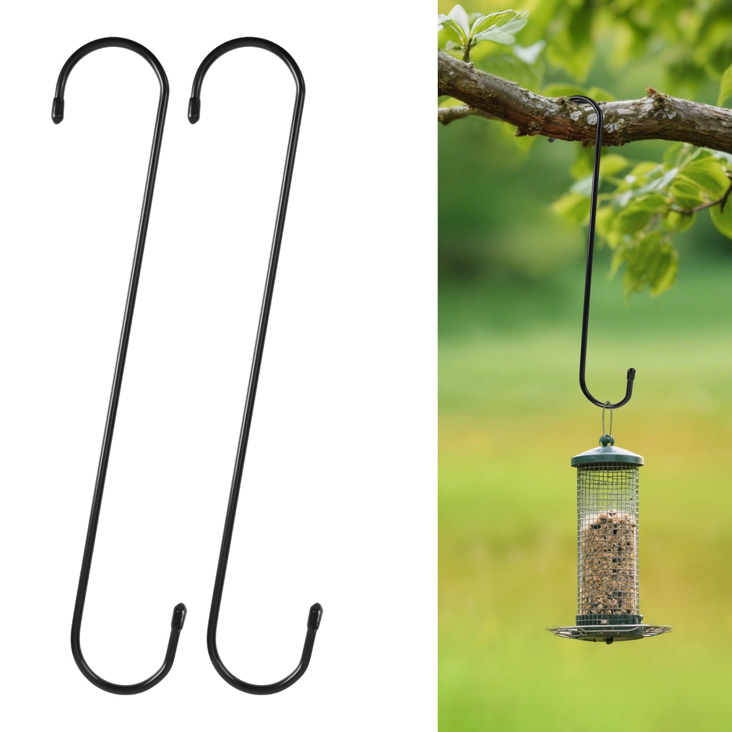 WWYICHEN 12 Inch Large S Hooks for Hanging Plants, Black Metal Heavy Duty Long Hook for Hanging Bird Feeder, Bird House, Clothes, Wind Chimes, Flower Basket, 2 Pack