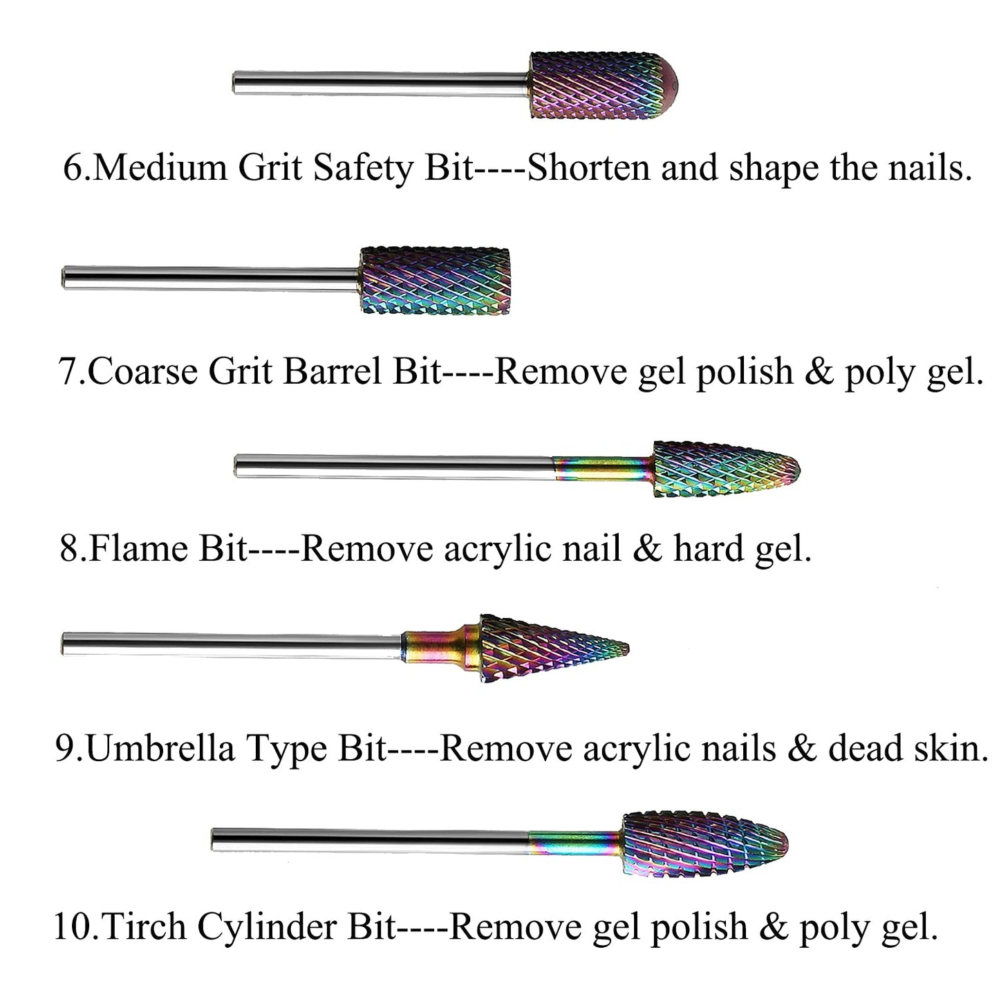ERUIKA Nail Drill Bits Set, 10Pcs Tungsten Carbide Drill Bits for Nails Remove Acrylic Poly Nail Gel Polish, 3/32" Nail Files for Nail Cutter Cuticle Manicure