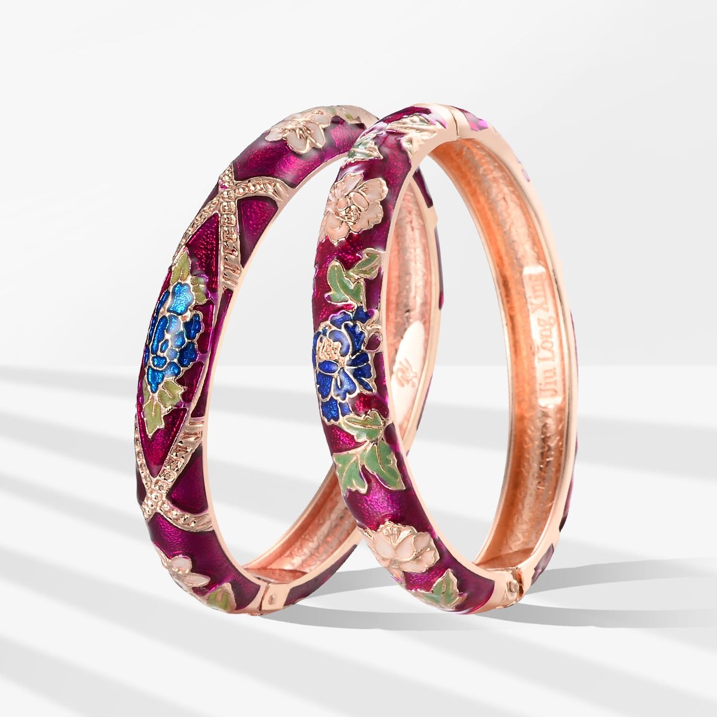 UJOY Gorgeous Bracelet Enameled Jewelry Spring Hinge Metal Cuff Cloisonne Rose Gold Bangles Set Gift Box Packed 55A113-55A128 Purple