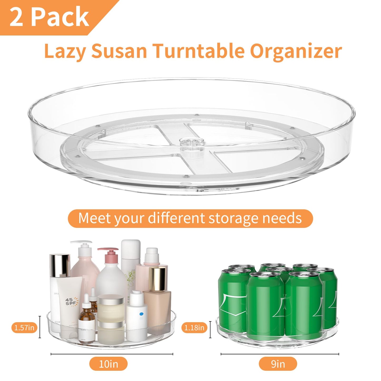 2 Pack Lazy Susan Turntable Organizer, 9 and 10 Inch Rotating Trays for Corner Cabinet, Fridge, Pantry, Kitchen, Table Top, Makeup Vanity, Bathroom Countertop Storage, Acrylic Spinning Spice Rack