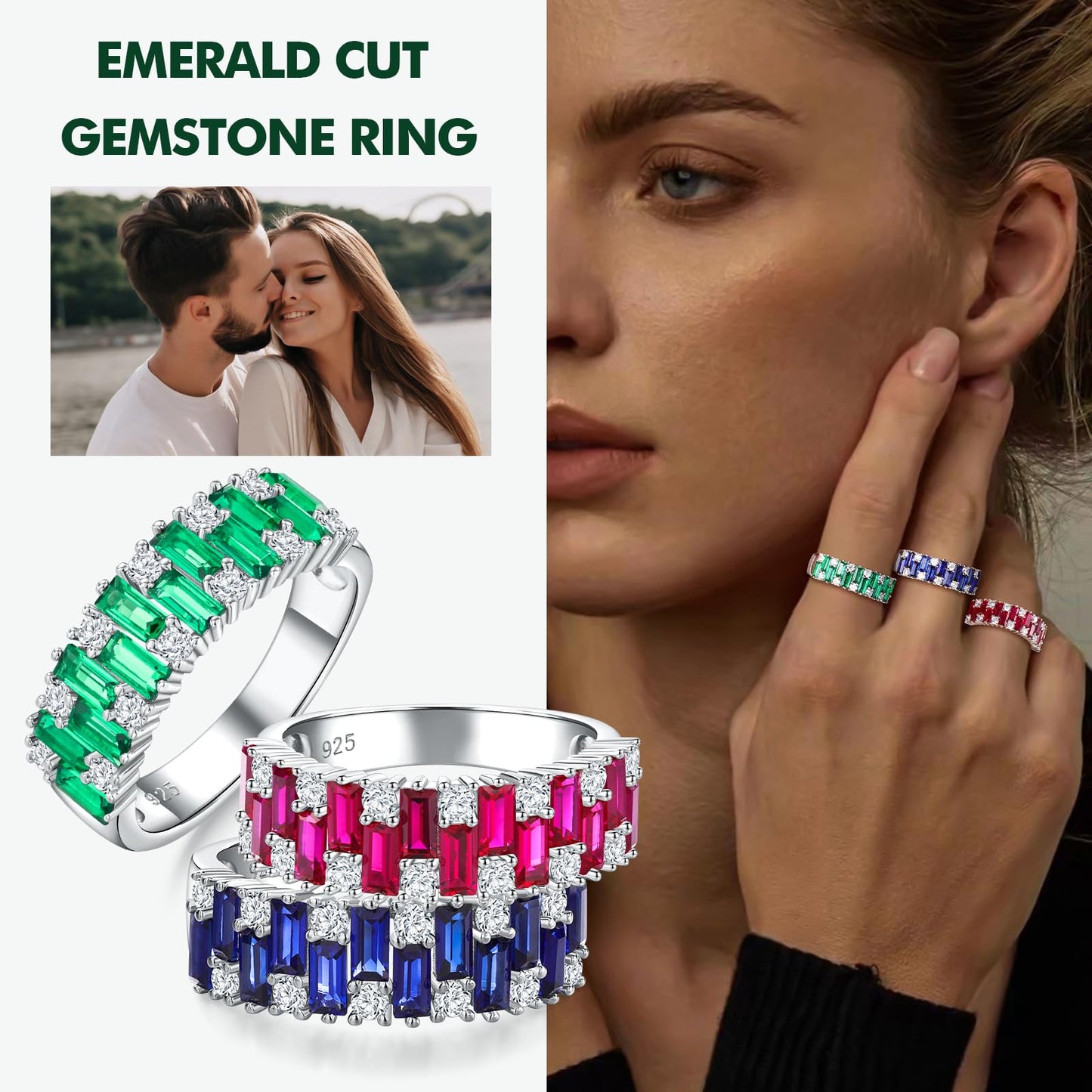 RANDES Sapphire Band Rings for Women 925 Sterling Silver Emerald Cut Eternity Band Blue Ring September Birthstone Ring Size 6