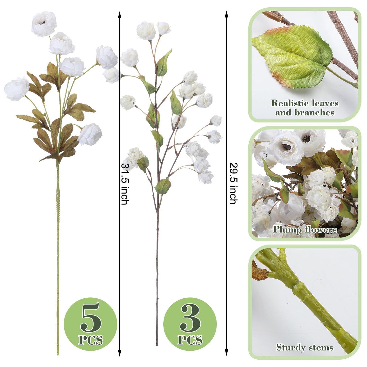 Wavyknot 8 Pcs Artificial Peony Flowers Stems, Faux Peony Bouquet with Hop Branches, Silk Flowers for Vase Spring Wedding Table Centerpiece Farmhouse Home Decor(Cream White)