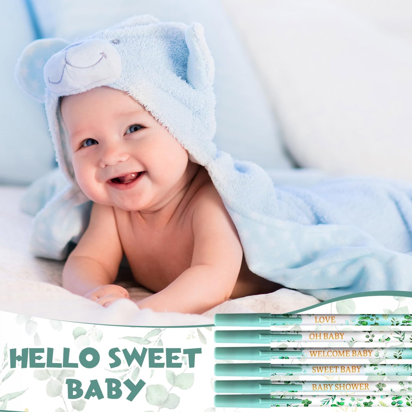 Humyoun 48 Pcs Eucalyptus Leaf Baby Shower Ballpoint Pens Black Ink Bulk for Greenery Baby Shower Party Supplies Guests Gifts School Supply Table Decorations, 6 Styles