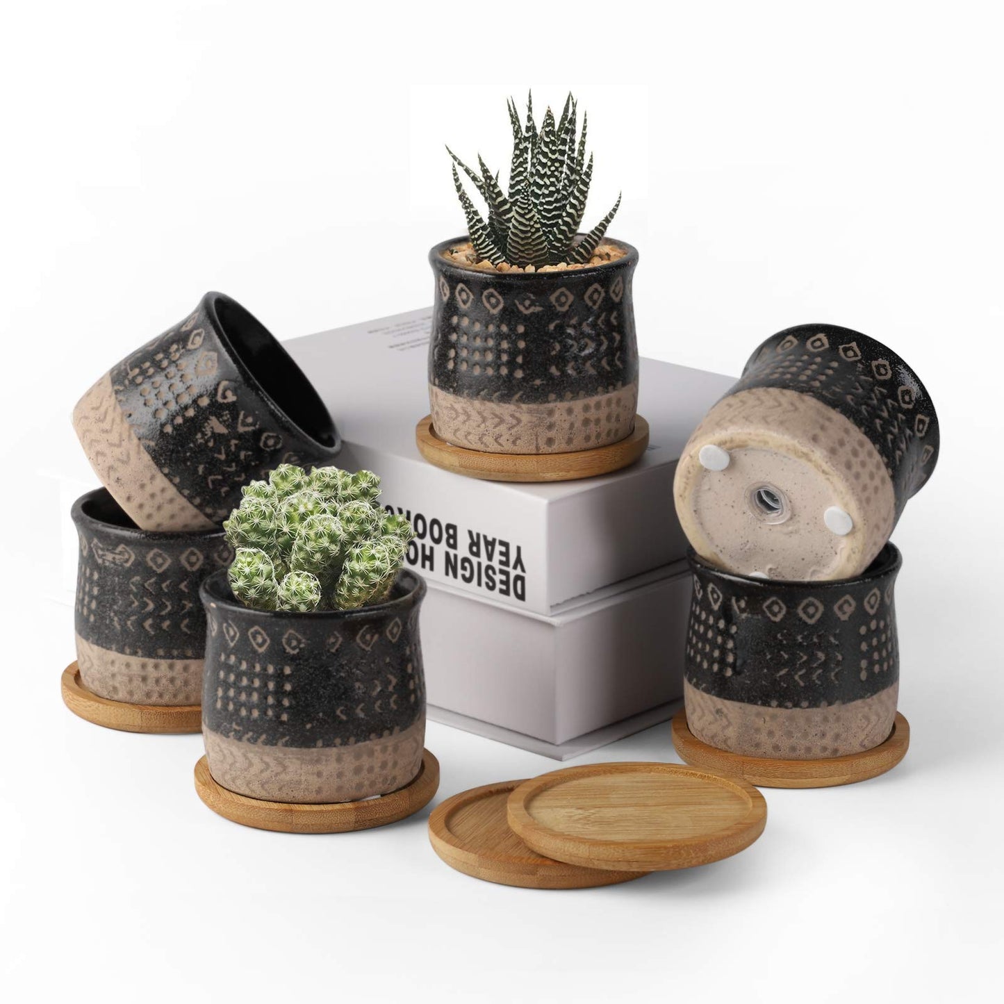 TAMAYKIM 2.75 Inch Mini Ceramic Succulent Plant Pots, Black Indoor Small Planter, Retro Elements Planter Pots with Saucer & Drainage Hole, for Cactus, Small Plants, Set of 6 (Plant Not Included)