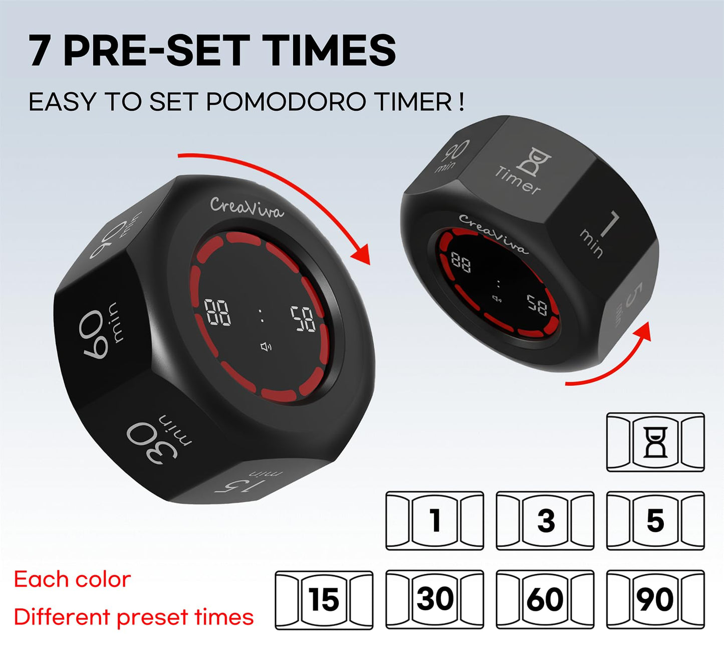 CREAVIVA Flip Cube Pomodoro Timer - Rechargeable Visual Countdown & Count Up Stopwatch, 7 Preset Intervals, 3 Alarm Modes, Productivity Tool for ADHD, Kids, Study, Work & Kitchen (Gray)