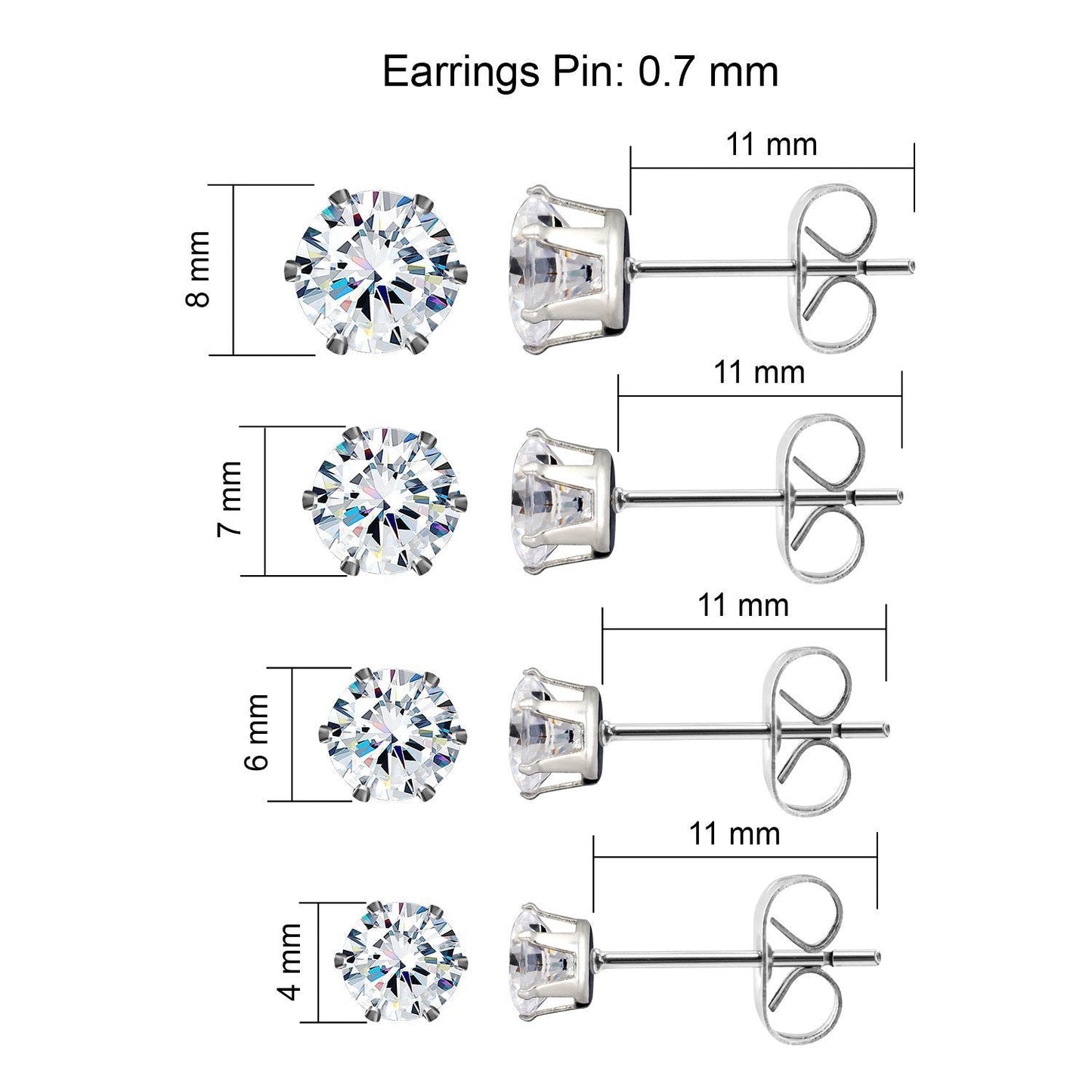 JewelrieShop Earrings for Women Studs Set Stainless Steel CZ Earing Hypoallergenic Multiple Piercing Ear Stud (8 pairs,4-8mm,White,Black CZ)