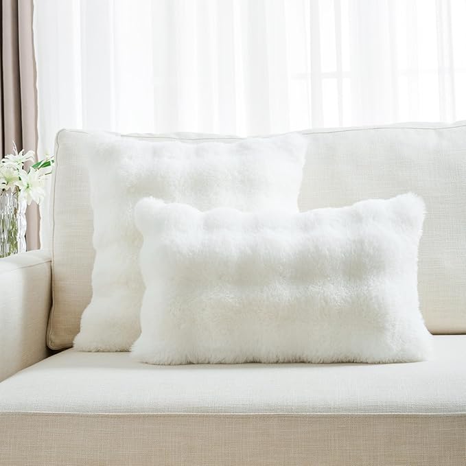 FUTEI Cream White Decorative Throw Pillow Covers 26x26 Inch Set of 2,Soft Fuzzy Faux Rabbit Fur Euro Pillow Shams with Raised Texture,Neutral Boho Home Decor for Couch Bed Living Room