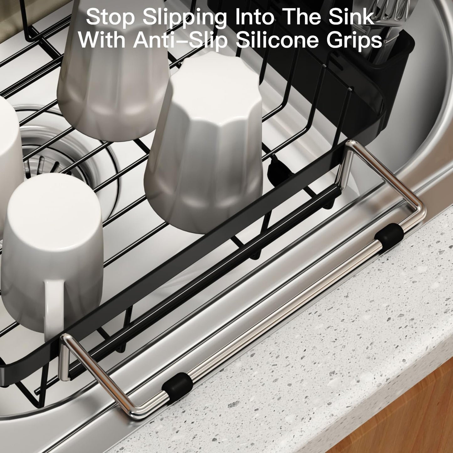 MAJALiS Expandable Stainless Steel Over The Sink Dish Drying Rack for Small Kitchen Counter Space Saving, Compact RV Plate Drainer Strainer in Black Wire Metal with Hanging Adjustable Utensil Holder