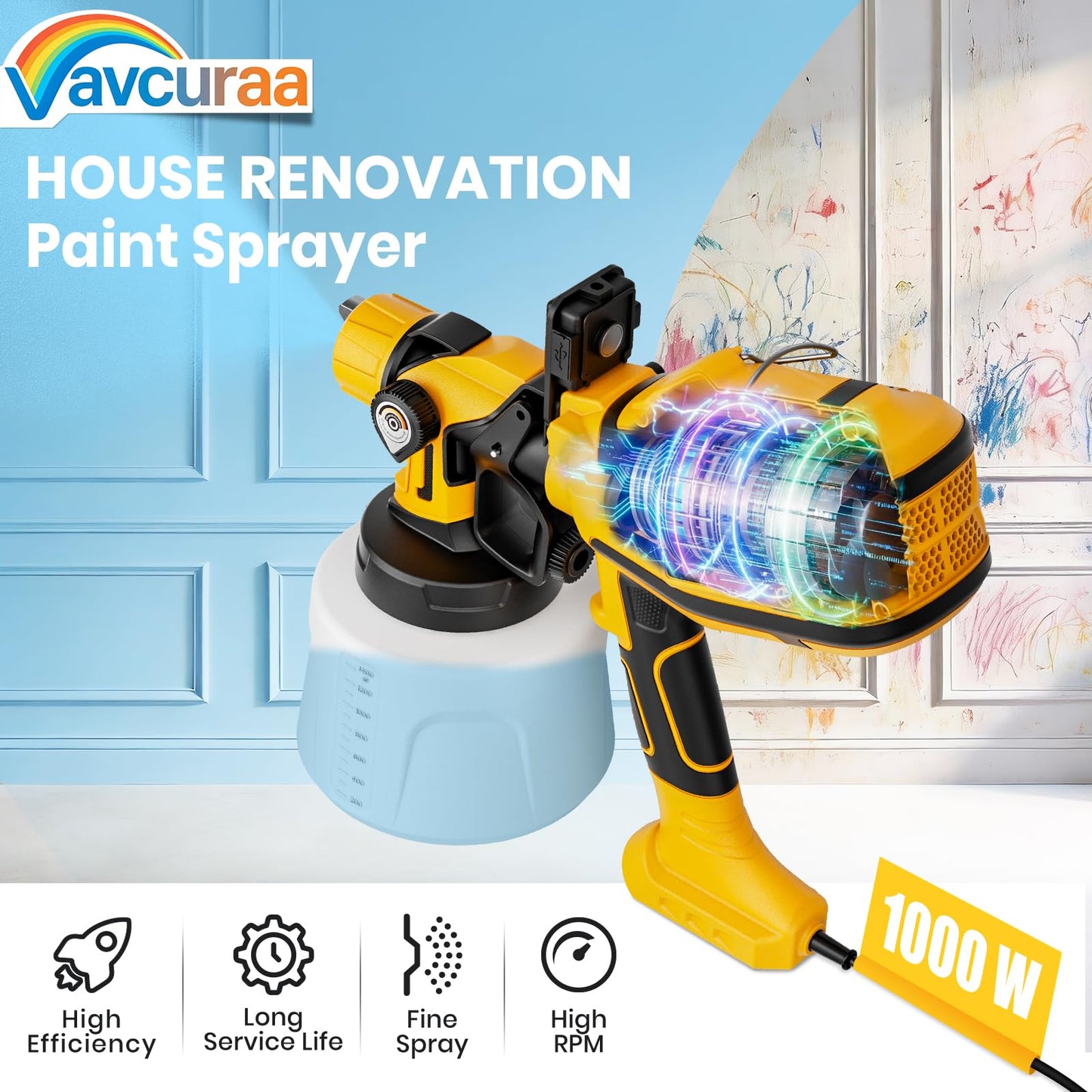 Paint Sprayer for House Painting, 1000W Paint Sprayers with 47oz (1400ml), 6 Copper Nozzles (0.5–2.5mm), LED Light, Adjustable Flow & 3 Patterns, Easy Clean Paint Sprayer for Furniture, House, Garden
