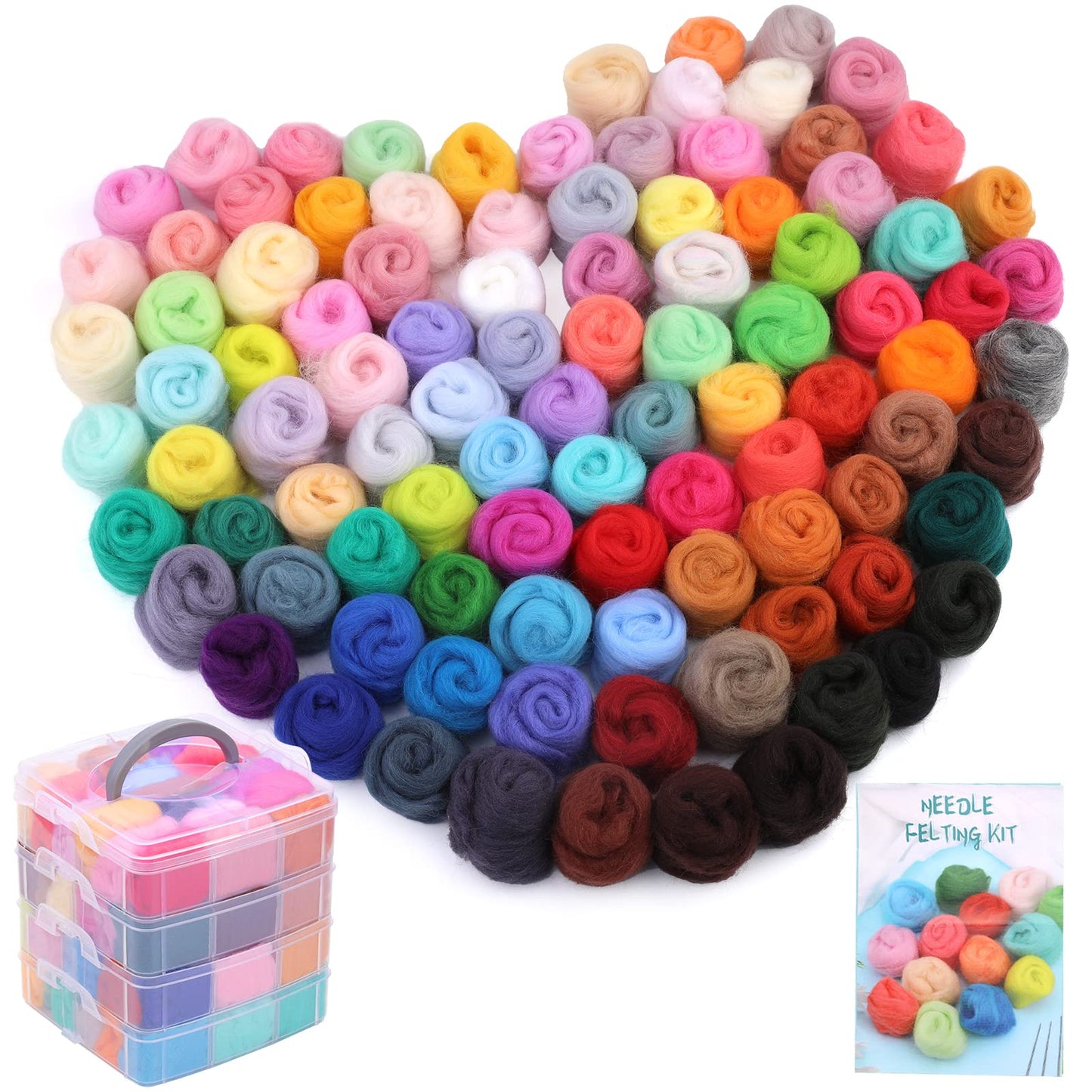 JUPEAN 96Pcs Needle Felting Wool 10.4 oz Wool Roving Yarn Needle Felting Kit with 4-Layer Transparent Storage Box for DIY Hand Spinning and Creations, 3g/Color