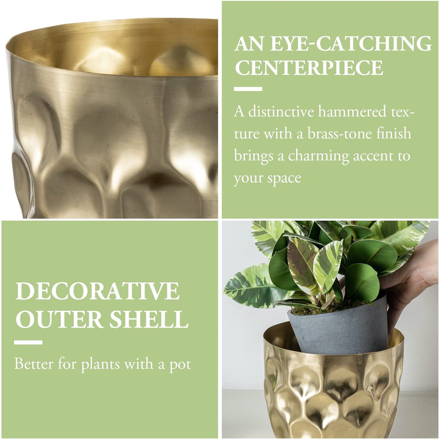MyGift 7 Inch Deluxe Modern Hammered Brass Tone Metal Flower Planter Pot with Decorative Riser, Plant Pot with Display Stand Décor - Handcrafted in India